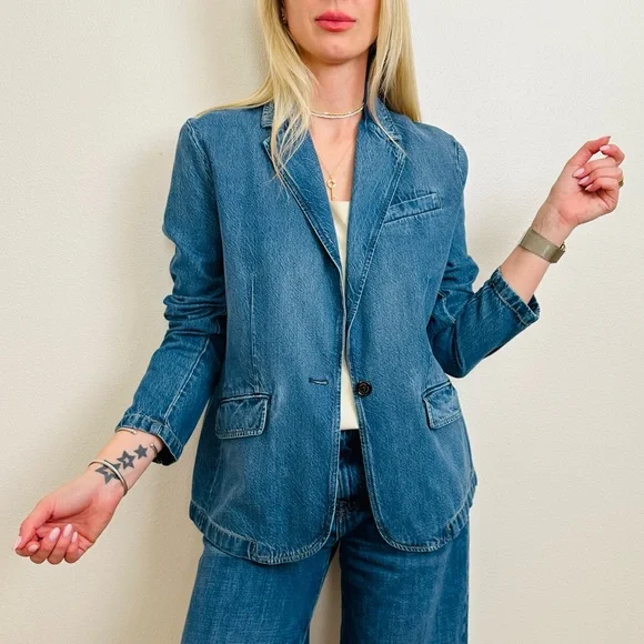 Ralph Lauren Casual Blue Cotton Denim One Button Notch Collar Blazer Jacket - Picture 2 of 16